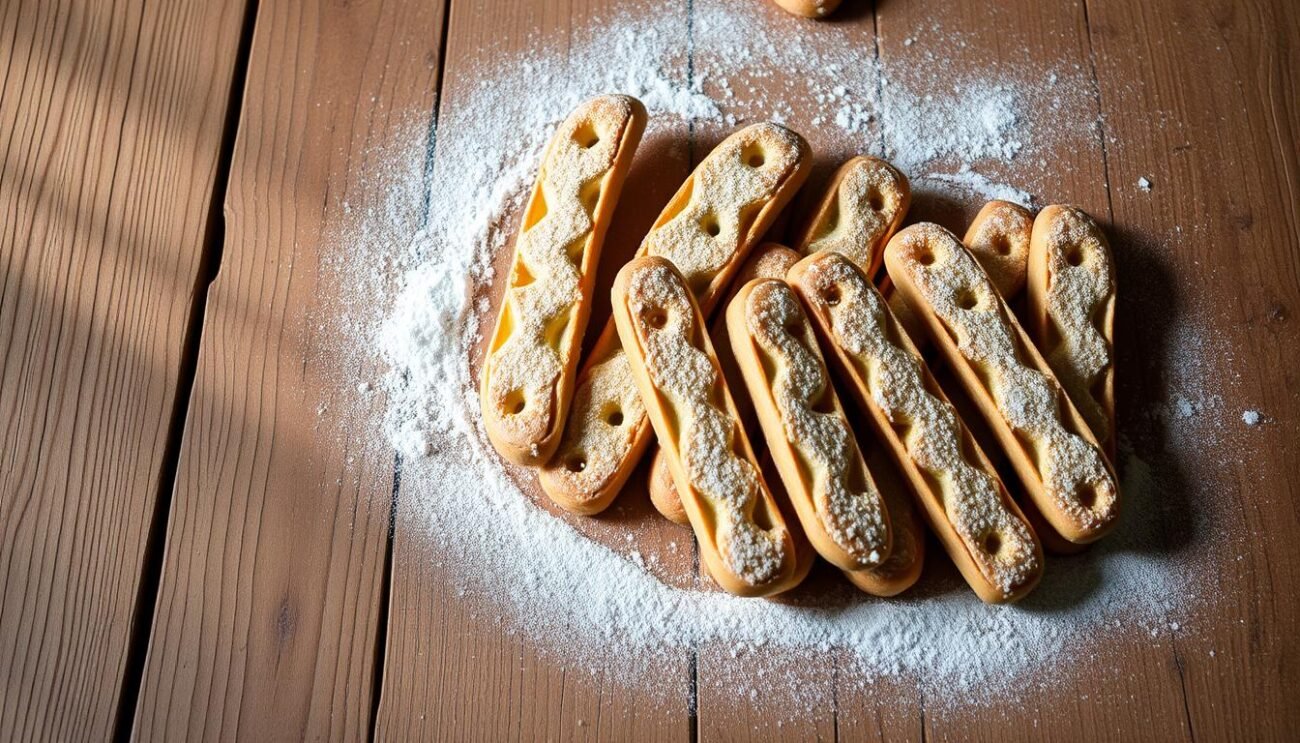 A rustic wooden table, its surface weathered and worn, holds a carefully arranged display of homemade biscotti. The biscuits, dusted with a light coating of flour, are long and slender, their golden-brown hues hinting at their delicate, crisp texture. The absence of any visible sugar or glaze suggests these biscotti are "senza zucchero," or without sugar, appealing to those seeking a healthier, more natural treat. Soft, natural lighting bathes the scene, casting gentle shadows and highlighting the artisanal quality of the baked goods. The overall mood is one of simplicity, honesty, and the comforting traditions of Italian baking.