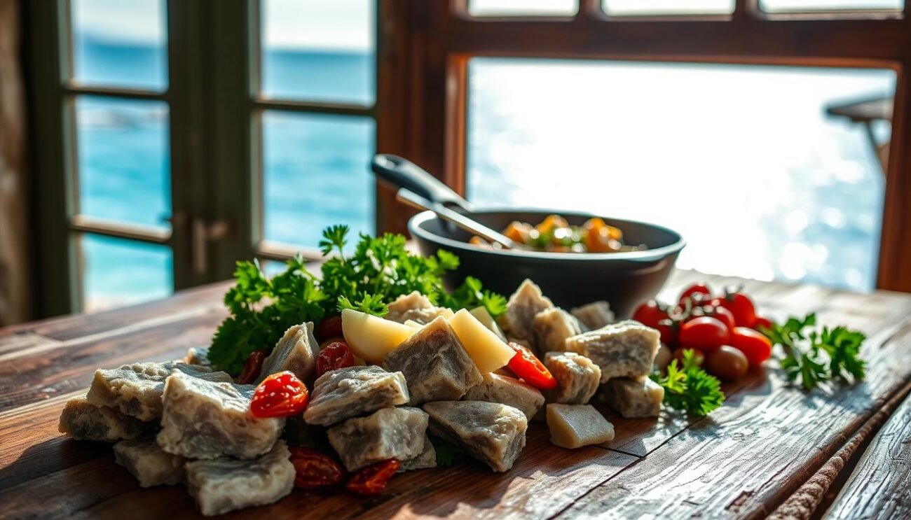 A rustic wooden table, its surface worn and weathered, is the stage for an authentic Ligurian dish - Stoccafisso alla Savonese. In the foreground, thick, flaky chunks of stoccafisso (dried and salted cod) are arranged, their mottled gray hues contrasting with the vibrant green of fresh parsley and the deep red of sun-dried tomatoes. The middle ground features a cast-iron skillet, its contents sizzling with olive oil, garlic, and the fragrant aromatics of the region. In the background, a window frames a view of the Ligurian coastline, its azure waters glistening under a warm Mediterranean sun. The overall scene evokes the simple, yet flavourful, culinary traditions of Savona, capturing the essence of this beloved local dish.