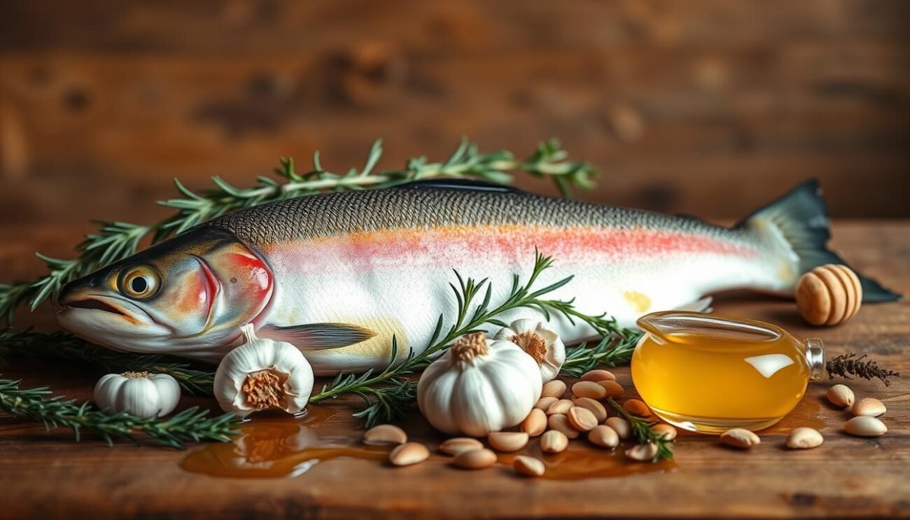 A rustic wooden table set against a warm, earthy backdrop. On the table, an array of fresh ingredients: a whole rainbow trout, glistening with olive oil, surrounded by fragrant herbs like rosemary and thyme. Plump garlic cloves, a drizzle of golden honey, and a scattering of toasted pine nuts complete the scene. The lighting is soft and natural, casting gentle shadows and highlighting the textures of the ingredients. This is the quintessential setup for preparing the traditional Umbrian dish, "Trota alla Perugina," a true celebration of the region's bountiful produce.