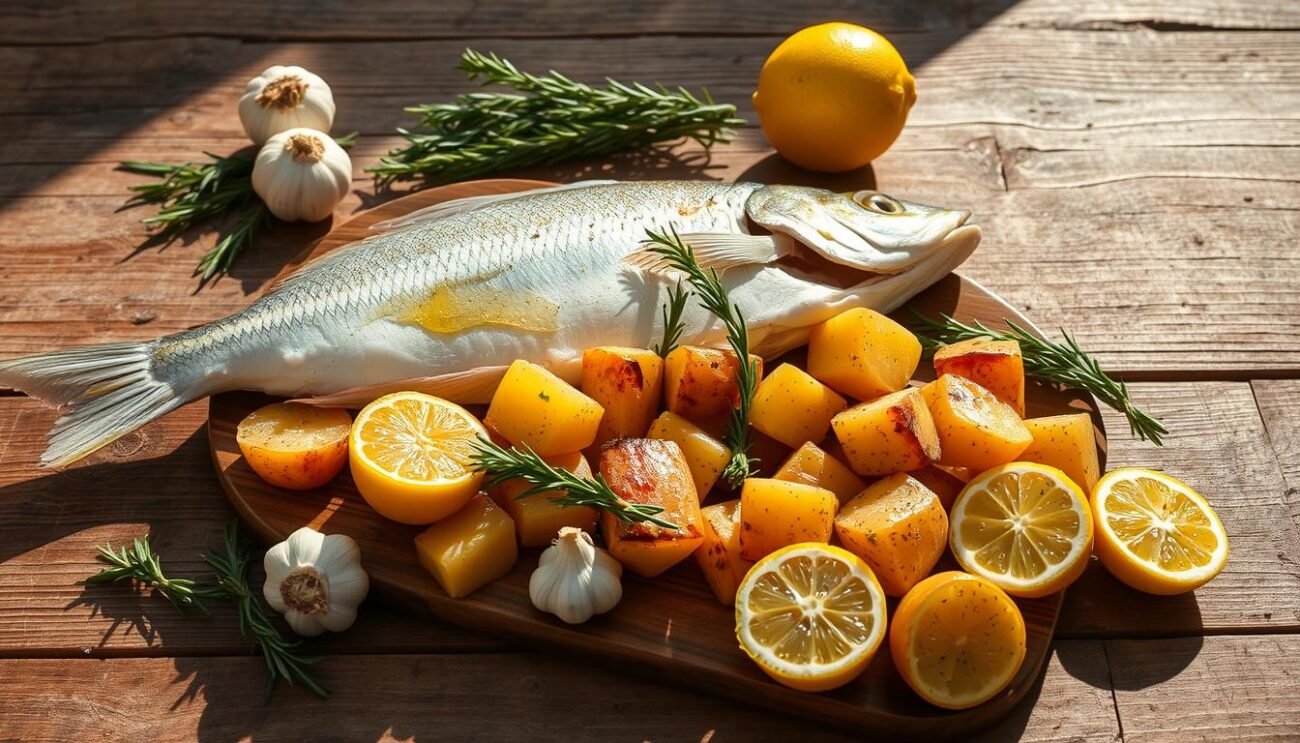 A rustic wooden table set with the essential ingredients for a classic Apulian "Orata alla Salentina" dish: a whole fresh orata (sea bream) fish, alongside roasted potatoes, fresh lemons, garlic cloves, sprigs of rosemary, and a drizzle of olive oil. The scene is bathed in warm, natural lighting, casting soft shadows and highlighting the vibrant colors and textures of the Mediterranean-inspired ingredients. A simple, yet mouthwatering composition that evokes the flavors and aromas of the Salento region of Puglia.