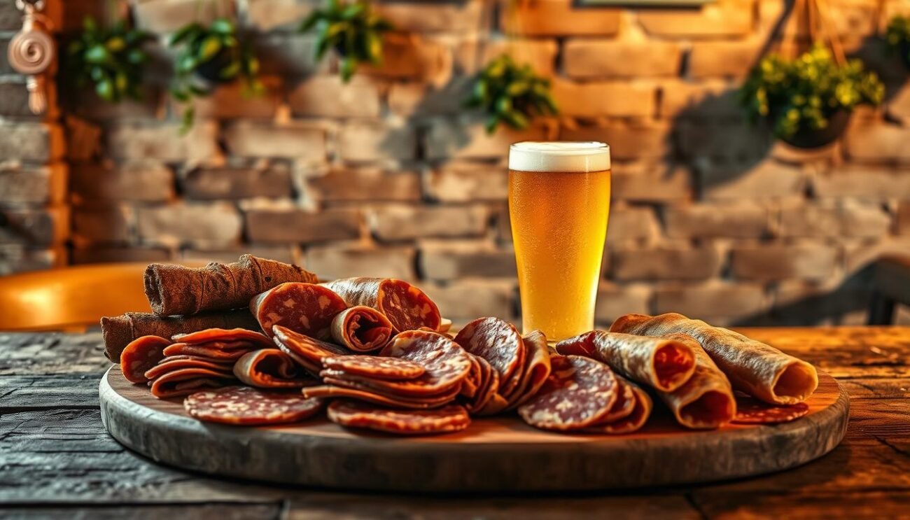 A rustic wooden table sets the stage, adorned with a selection of artisanal Italian salumi and a frosty glass of craft beer. The warm, golden lighting casts a cozy ambiance, highlighting the rich hues and textures of the cured meats. In the background, a weathered brick wall and a few hanging plants create a charming, authentic Italian atmosphere. The composition captures the essence of the classic pairing, inviting the viewer to savor the harmonious flavors and experience the perfect marriage of beer and charcuterie.