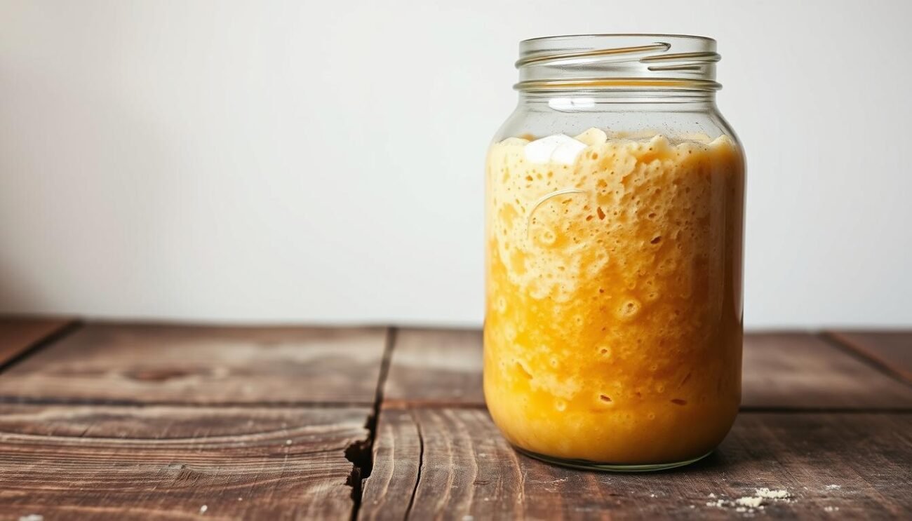 A rustic wooden table, weathered and worn, holds a large glass jar filled with a bubbly, golden-hued sourdough starter. The soft, ambient lighting casts a warm glow, highlighting the intricate patterns of the fermented dough. In the background, a simple white wall provides a clean backdrop, allowing the natural leavening process to take center stage. The overall scene conveys a sense of artisanal craftsmanship, the essence of natural leavening in the making of delectable sweets without added sugars.