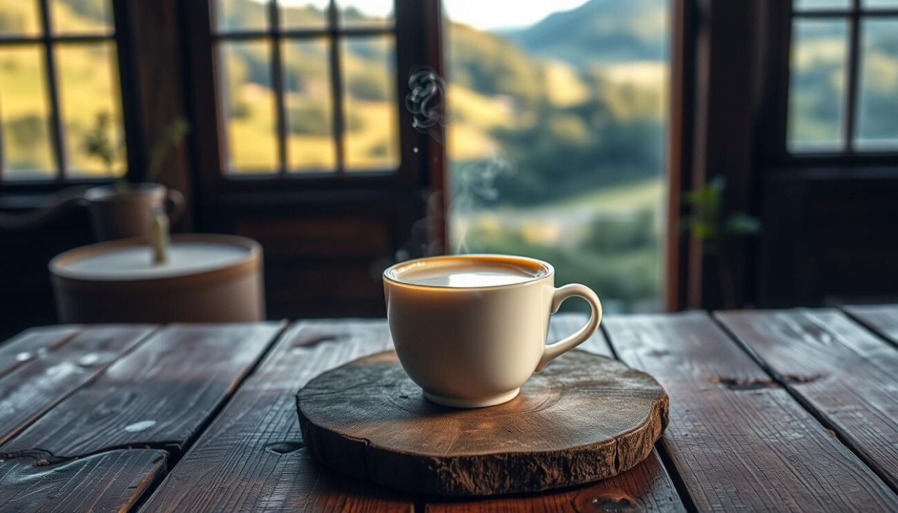 A rustic wooden table, weathered by time, holds a simple yet captivating display. Atop it rests a steaming cup of latte crudo, the traditional raw milk coffee of the Val Taleggio region. The beverage's frothy surface reflects the warm, ambient lighting, casting a soft glow across the scene. In the background, glimpses of the rolling hills and lush greenery of the valley can be seen through a large, open window, hinting at the rich natural surroundings that have nurtured this timeless dairy tradition. The overall mood is one of quiet contemplation, inviting the viewer to immerse themselves in the timeless essence of this cherished local custom.