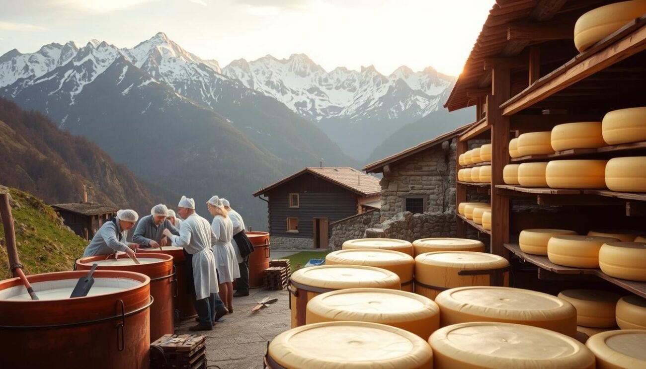 A scenic alpine landscape in Valtellina, Italy, showcasing the traditional cheesemaking process of Bitto. In the foreground, a group of skilled cheesemakers carefully tend to large copper vats, stirring and tending to the curds. The middle ground reveals the rustic interior of a traditional cheese cellar, with aging wheels of Bitto displayed on wooden shelves. In the background, the majestic Rhaetian Alps rise up, their snow-capped peaks casting a serene, golden glow over the scene. The image conveys a sense of timeless tradition, heritage, and the deep connection between the land, the people, and the renowned Bitto cheese.