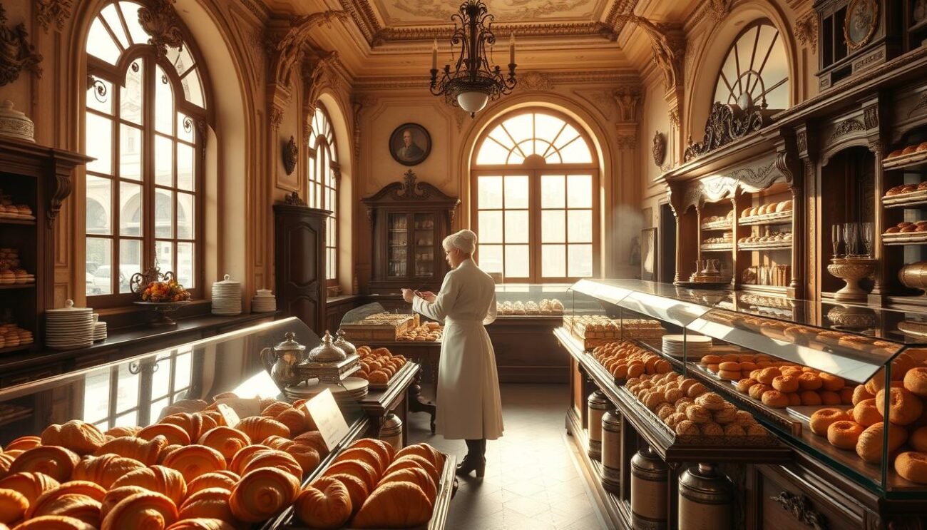 A serene Italian pasticceria in the early 19th century, bathed in warm, golden light streaming through large windows. The interior is adorned with ornate, baroque-style furnishings and decorations, creating an atmosphere of refined elegance. The countertops are laden with an array of delectable pastries, from flaky croissants to decadent cream-filled cannoli. Skilled bakers in crisp white uniforms move gracefully behind the counter, tending to their craft with meticulous precision. The scene evokes a sense of timeless tradition and the rich culinary heritage of Italy's renowned pasticcerie.