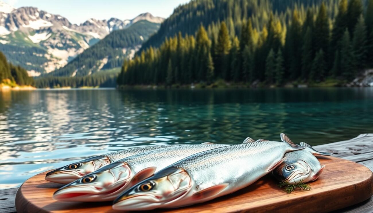 A serene alpine lake surrounded by lush evergreen forests, its crystal-clear waters reflecting the rugged peaks in the distance. In the foreground, a selection of freshly caught Italian lake fish - perhaps trout, pike, or perch - artfully arranged on a wooden platter, their scales shimmering in the soft, diffused natural lighting. The scene conveys a sense of rustic elegance, highlighting the culinary traditions and nutritional richness of these local, sustainably sourced ingredients. A serene alpine lake surrounded by lush evergreen forests, its crystal-clear waters reflecting the rugged peaks in the distance. In the foreground, a selection of freshly caught Italian lake fish - perhaps trout, pike, or perch - artfully arranged on a wooden platter, their scales shimmering in the soft, diffused natural lighting. The scene conveys a sense of rustic elegance, highlighting the culinary traditions and nutritional richness of these local, sustainably sourced ingredients.