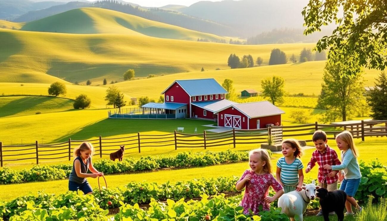 A serene farmhouse nestled amidst lush, rolling hills, bathed in warm, golden sunlight. In the foreground, a group of joyful children play with friendly farm animals, their laughter echoing through the tranquil setting. The middle ground showcases a well-tended vegetable garden, with vibrant greens and colorful blooms. In the background, a classic red barn stands tall, surrounded by swaying trees and a picturesque countryside landscape. The overall scene evokes a sense of rustic charm, family-friendly activities, and a deep connection to the natural world, perfectly capturing the essence of a farmstay vacation with children.