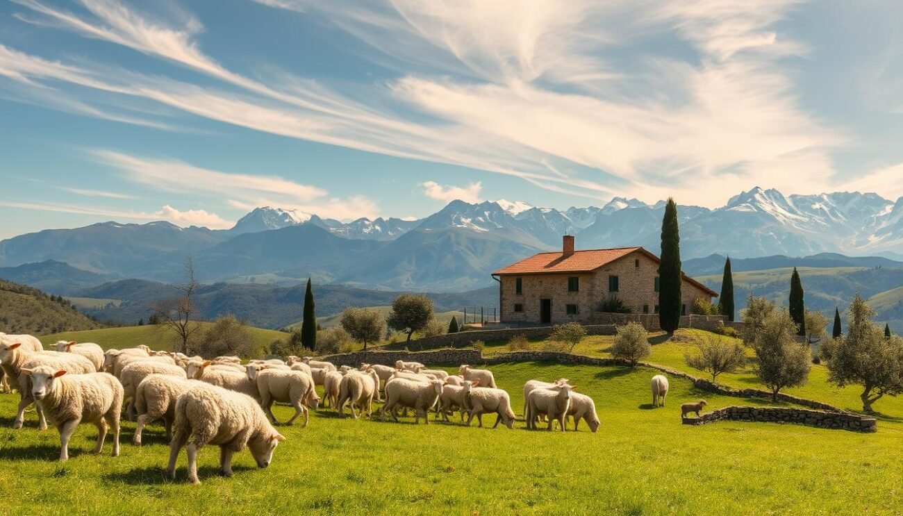A serene pastoral scene of the Sagra della Pecora di Amatrice, a longstanding Lazio tradition. In the foreground, a flock of fluffy white sheep graze peacefully on the lush green meadow, their gentle bleats echoing in the crisp mountain air. In the middle ground, a picturesque stone farmhouse with a red-tiled roof stands amidst rolling hills, surrounded by verdant olive groves and cypress trees. The background is dominated by the majestic Apennine Mountains, their snow-capped peaks reaching towards the clear blue sky. Warm, golden sunlight filters through wispy clouds, casting a soft, inviting glow over the entire pastoral landscape.