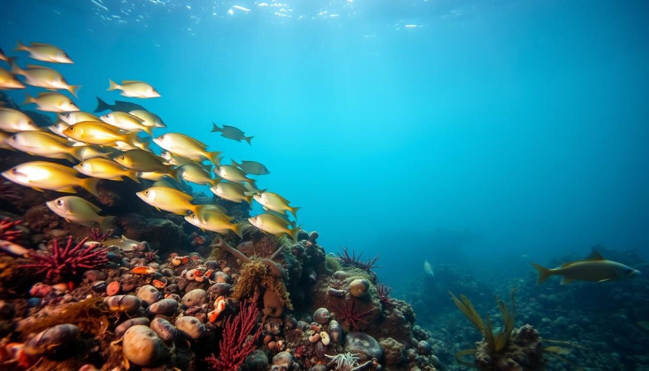 A serene underwater scene showcasing the diverse marine life found in the waters surrounding Italy, captured in vivid detail. In the foreground, a vibrant school of colorful fish gracefully swim, their scales shimmering in the soft, diffused lighting. In the middle ground, a variety of crustaceans and mollusks cling to the rocky seabed, while kelp and seaweed sway gently in the current. In the background, the silhouettes of larger fish and sea creatures can be seen, creating a sense of depth and mystery. The overall atmosphere is one of tranquility and wonder, perfectly capturing the seasonal bounty of the Italian seas.