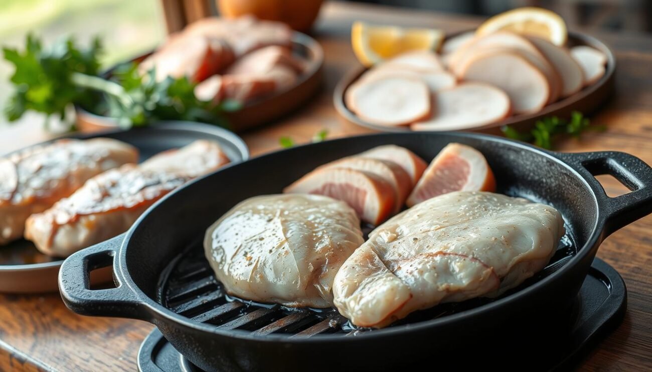 A serene, well-lit scene showcasing a selection of tender, succulent white meats. In the foreground, a juicy chicken breast sizzles on a cast-iron grill, its surface glistening with a light glaze. Beside it, pork tenderloin medallions sit ready to be seared, their pale pink hue hinting at their delicate flavor. In the middle ground, a platter of thinly sliced veal cutlets rests, their edges lightly browned from a quick pan-fry. The background features a rustic wooden table, upon which a selection of fresh herbs and citrus wedges await to complement the dishes. The lighting is warm and natural, casting a gentle glow over the scene and emphasizing the delicate textures and vibrant colors of the "carni bianche".