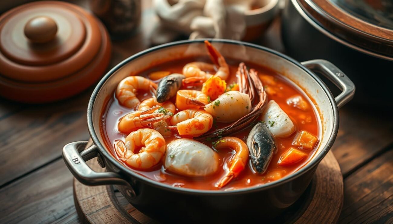 A simmering pot of traditional Italian brodetto di pesce, filled with a vibrant array of fresh seafood. Plump shrimp, tender calamari, and succulent white fish, all simmered in a rich, tomato-based broth infused with aromatic herbs and a hint of citrus. The scene is illuminated by warm, golden light, casting a cozy, homemade atmosphere. The bowl sits atop a wooden table, surrounded by a simple, rustic setting that evokes the essence of Italian coastal cuisine. This timeless dish represents the history and tradition of the beloved Italian seafood stew, a true testament to the bounty of the sea and the culinary heritage of the Mediterranean. A simmering pot of traditional Italian brodetto di pesce, filled with a vibrant array of fresh seafood. Plump shrimp, tender calamari, and succulent white fish, all simmered in a rich, tomato-based broth infused with aromatic herbs and a hint of citrus. The scene is illuminated by warm, golden light, casting a cozy, homemade atmosphere. The bowl sits atop a wooden table, surrounded by a simple, rustic setting that evokes the essence of Italian coastal cuisine. This timeless dish represents the history and tradition of the beloved Italian seafood stew, a true testament to the bounty of the sea and the culinary heritage of the Mediterranean.