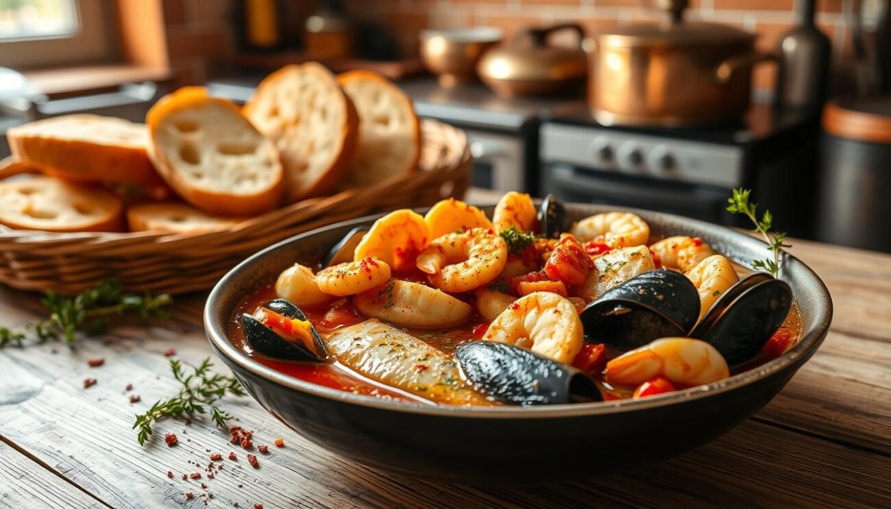 A simmering seafood stew on a rustic wooden table, illuminated by warm, natural lighting. In the foreground, a medley of fresh fish - perhaps cod, shrimp, and mussels - submerged in a richly spiced, tomato-based broth. Scattered around the bowl, fragrant herbs, a drizzle of olive oil, and a sprinkle of crushed red pepper flakes, adding depth and complexity to the dish. The middle ground showcases a selection of fresh, crusty bread, perfect for sopping up the flavorful broth. In the background, a glimpse of a cozy, Italian kitchen, with terracotta tiles and a hint of aged copper cookware, creating an authentic, homespun atmosphere. A simmering seafood stew on a rustic wooden table, illuminated by warm, natural lighting. In the foreground, a medley of fresh fish - perhaps cod, shrimp, and mussels - submerged in a richly spiced, tomato-based broth. Scattered around the bowl, fragrant herbs, a drizzle of olive oil, and a sprinkle of crushed red pepper flakes, adding depth and complexity to the dish. The middle ground showcases a selection of fresh, crusty bread, perfect for sopping up the flavorful broth. In the background, a glimpse of a cozy, Italian kitchen, with terracotta tiles and a hint of aged copper cookware, creating an authentic, homespun atmosphere.