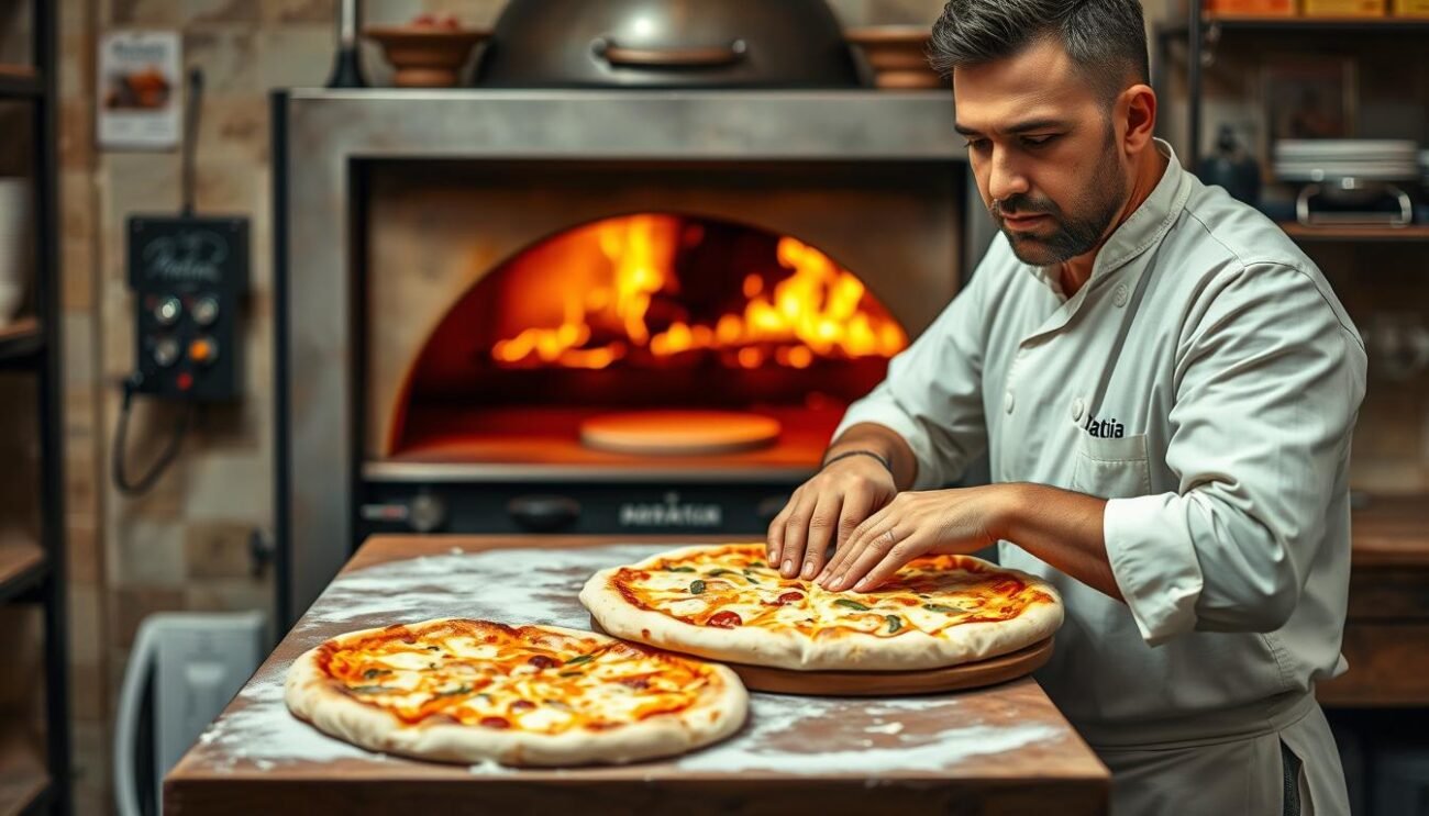 A skilled Neapolitan pizzaiolo stands behind the counter, expertly kneading and shaping the dough with practiced hands. The kitchen is filled with the tantalizing aroma of freshly baked pizza, its golden crust glistening under the warm, amber lighting. In the background, a vintage pizza oven roars with a steady flame, ready to transform the simple ingredients into a culinary masterpiece. The pizzaiolo's face is focused, his movements fluid and precise, reflecting the centuries-old tradition of Neapolitan pizza-making. The scene conveys a sense of tradition, passion, and the pride of the Neapolitan culinary heritage.