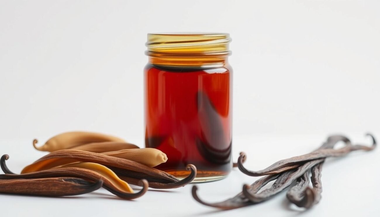 A sleek glass jar filled with a rich, aromatic vanilla extract, its warm amber hue glowing softly under gentle studio lighting. Surrounding it, smooth, plump vanilla beans in varying shades of brown and cream, their delicate ridges and supple texture inviting the viewer to imagine the deep, complex flavors they possess. In the background, a crisp white backdrop allows the key elements to take center stage, creating a refined, minimalist composition that emphasizes the essence of vanilla in its purest forms. The overall mood is one of elegant simplicity, highlighting the natural beauty and versatility of this cherished culinary ingredient.