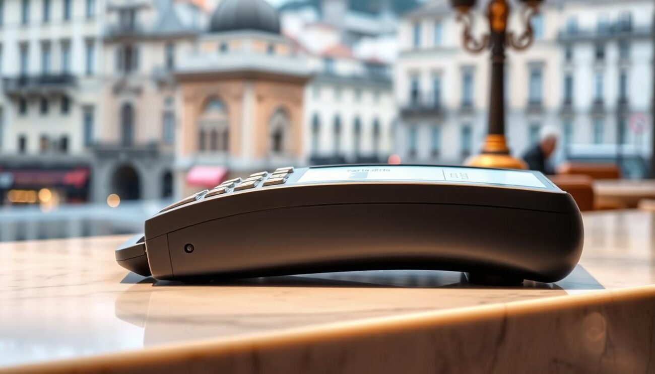 A sleek, modern digital payment terminal rests on a pristine marble countertop, its crisp display showcasing the "Carta di Credito" option. The lighting is soft and diffused, casting a warm glow that highlights the gleaming metal accents. In the background, a blurred cityscape of Italian architecture provides a sophisticated urban backdrop, capturing the essence of a vibrant, cashless transaction in the heart of Italy. A sleek, modern digital payment terminal rests on a pristine marble countertop, its crisp display showcasing the "Carta di Credito" option. The lighting is soft and diffused, casting a warm glow that highlights the gleaming metal accents. In the background, a blurred cityscape of Italian architecture provides a sophisticated urban backdrop, capturing the essence of a vibrant, cashless transaction in the heart of Italy.
