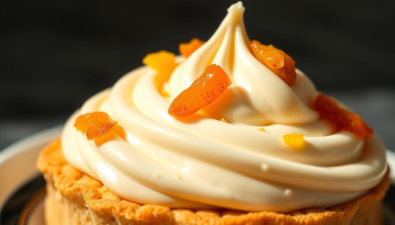 A smooth, creamy ricotta filling, glistening with a silky sheen, rests atop a delicate, hand-crafted pastry base. Flecks of natural candied citrus peel add pops of vibrant color, complementing the rich, ivory tones of the ricotta. Soft shadows cast by directional lighting accentuate the luscious texture, inviting the viewer to imagine the indulgent flavor. This artisanal ricotta cream, the heart of the Sicilian cassata, is captured in a high-resolution, close-up photograph, showcasing the craftsmanship and attention to detail that defines this classic Italian dessert.