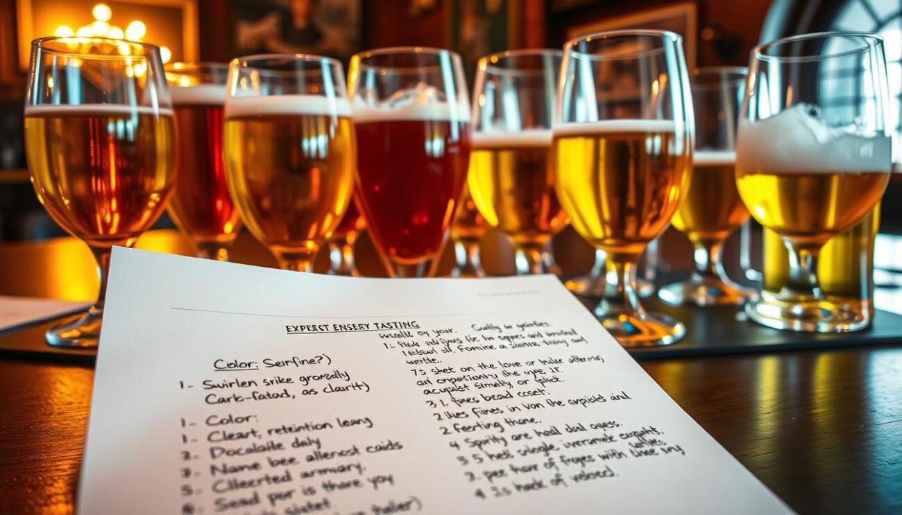 A sophisticated gathering of glassware showcasing the nuanced art of beer tasting, where experts swirl, sniff, and savor each complex aroma and flavor. Warm lighting illuminates the amber hues, highlighting the beer's visual allure. In the foreground, a hand-written tasting sheet lays open, detailing the finer points of sensory analysis - color, clarity, head retention, and more. The background features a dimly lit, cozy pub setting, evoking the convivial atmosphere of a professional beer-tasting session. This scene epitomizes the advanced techniques employed in the comprehensive sensory evaluation of beer. A sophisticated gathering of glassware showcasing the nuanced art of beer tasting, where experts swirl, sniff, and savor each complex aroma and flavor. Warm lighting illuminates the amber hues, highlighting the beer's visual allure. In the foreground, a hand-written tasting sheet lays open, detailing the finer points of sensory analysis - color, clarity, head retention, and more. The background features a dimly lit, cozy pub setting, evoking the convivial atmosphere of a professional beer-tasting session. This scene epitomizes the advanced techniques employed in the comprehensive sensory evaluation of beer.
