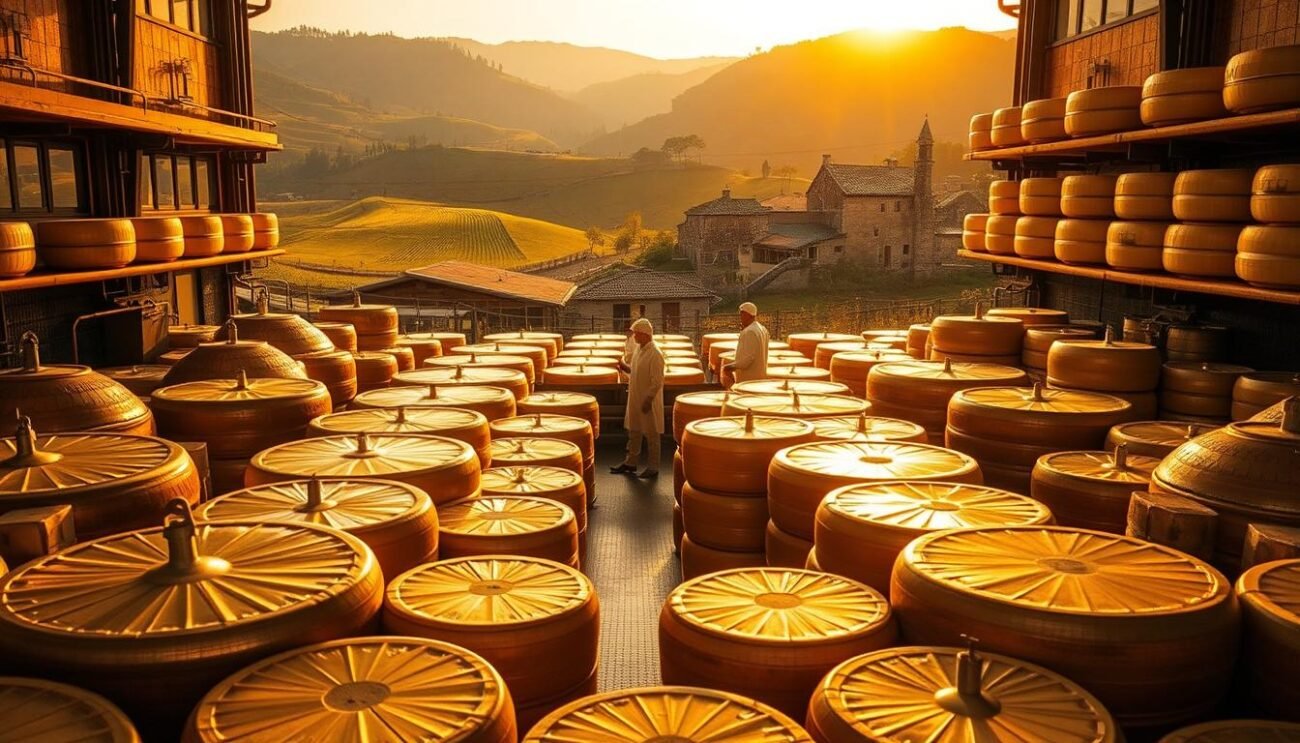 A sprawling Silter DOP production facility nestled in the verdant Brescian valleys. The foreground showcases rows of gleaming copper vats, where the prized cheese is meticulously crafted using traditional methods. In the middle ground, white-clad cheesemakers carefully monitor the aging process, ensuring each wheel develops the signature Silter DOP flavor and texture. The background features rolling hills dotted with ancient stone farmhouses, capturing the essence of the regional terroir. Warm, golden lighting filters through large windows, casting a cozy, artisanal atmosphere over the entire scene. The composition emphasizes the harmony between the modern production techniques and the centuries-old heritage of this esteemed Brescian culinary treasure.