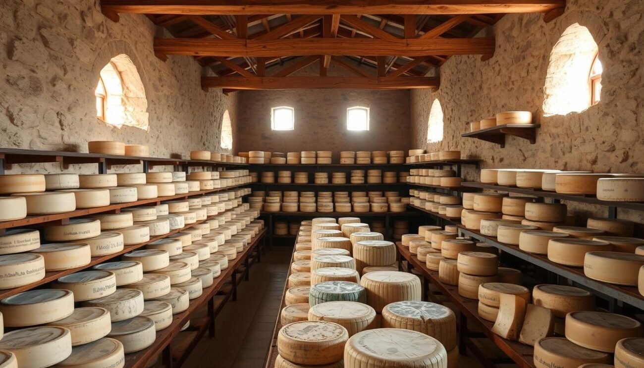 A sprawling collection of traditional cheese cellars and aging rooms, showcasing the rich heritage of Italian cheesemaking. Rustic stone walls and wooden beams create a timeless atmosphere, as sunlight filters through small windows, casting a warm glow on the carefully curated displays. Rows of aging wheels of Parmesan, Gorgonzola, and other iconic Italian cheeses sit patiently, awaiting their turn to be tasted and appreciated. The air is filled with the subtle aroma of aging dairy, a testament to the centuries-old techniques passed down through generations of cheesemakers. This is the essence of the Italian cheese museum, a celebration of the country's unparalleled dairy culture and the diversity of its regional specialties.