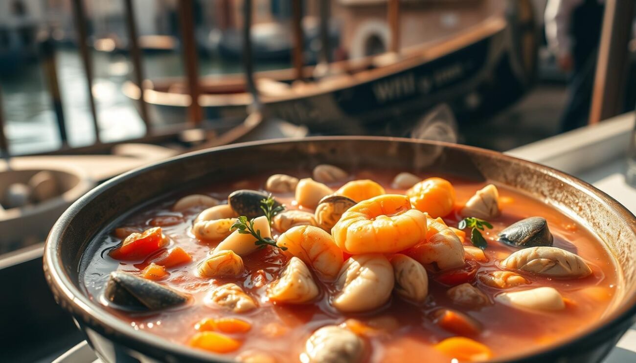 A steaming bowl of brodetto di pesce, a classic Venetian seafood stew, sits at the center of the frame. The succulent morsels of fish, clams, and shrimp mingle in a rich, tomato-based broth, infused with fragrant herbs and a hint of white wine. The scene is bathed in warm, natural lighting, casting a golden glow over the dish and highlighting the vibrant colors of the ingredients. In the background, a glimpse of a quaint Venetian canal or harbor sets the scene, evoking the maritime traditions of the region. The overall composition conveys the comforting, rustic elegance of this regional dish, making it the perfect visual accompaniment to the "Consigli e Varianti Regionali" section of the article.