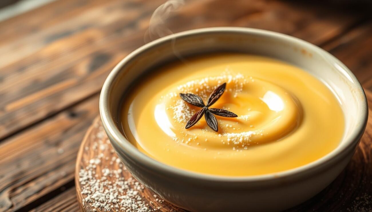 A steaming bowl of smooth, creamy custard sits atop a rustic wooden surface, its golden hue glistening under warm, natural lighting. Delicate flecks of vanilla bean and a dusting of powdered sugar adorn the rich, protein-packed treat, hinting at its indulgent yet health-conscious nature. The background is softly blurred, allowing the luscious crema pasticcera proteica to take center stage, inviting the viewer to savor its decadence. The overall composition exudes a sense of elegance and simplicity, perfectly capturing the essence of this healthier take on a classic Italian dessert.