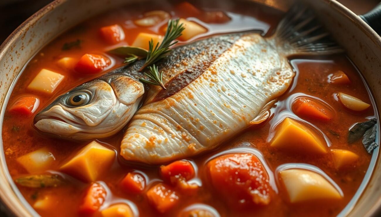 A steaming bowl of succulent ricciola fish simmered in a rich, aromatic broth. The fish, freshly caught from the Adriatic Sea, glistens with a golden-brown sear, its tender flesh flaking apart at the touch of a fork. Surrounding the ricciola are vibrant chunks of tomato, onion, and garlic, infusing the dish with the bold, savory flavors of traditional Pugliese cuisine. Sprigs of fragrant herbs, such as rosemary and bay leaves, lend depth and complexity to the umido. The scene is bathed in a warm, golden light, creating a rustic, homey atmosphere that evokes the cozy kitchens of Southern Italy. The camera captures the dish from a low angle, emphasizing the hearty, comforting nature of this classic seafood stew.