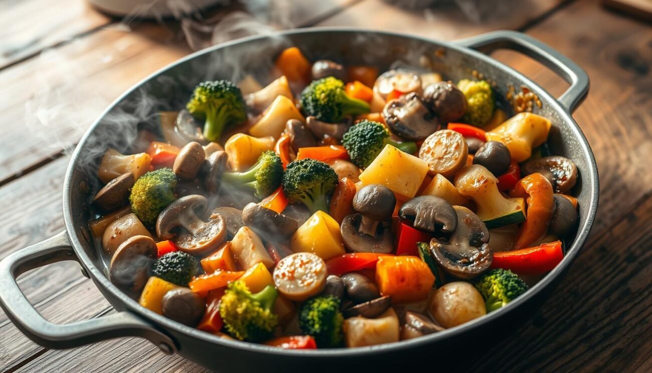 A steaming hot pan filled with an abundant array of freshly sautéed seasonal vegetables, glistening with a rich, amber-hued beer-infused sauce. The colorful medley includes tender broccoli florets, earthy mushrooms, crisp bell peppers, and succulent zucchini, all expertly cooked to perfection. The aroma of the simmering vegetables and the subtle bitterness of the beer create a tantalizing harmony, inviting the senses to indulge. The composition is framed by a rustic wooden table, lending a warm, homely ambiance to the scene. Soft, natural lighting gently illuminates the dish, highlighting the vibrant hues and appealing textures of the "padellata di verdure alla birra", a delightful vegetarian delight.