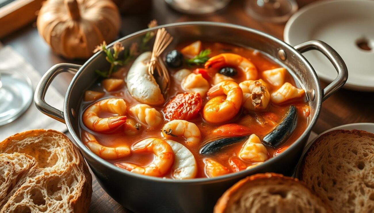 A steaming pot of authentic Venetian brodetto di pesce, filled to the brim with a vibrant medley of freshly caught seafood. Tender calamari, plump shrimp, and flaky white fish simmered in a fragrant broth, infused with the essence of the Adriatic. The scene is bathed in warm, golden light, casting a cozy glow over the rich, tomatoey sauce and the crusty bread waiting to soak it all up. The table is set simply, allowing the star of the dish to shine - a traditional, homestyle meal that captures the essence of the Veneto region's coastal cuisine.