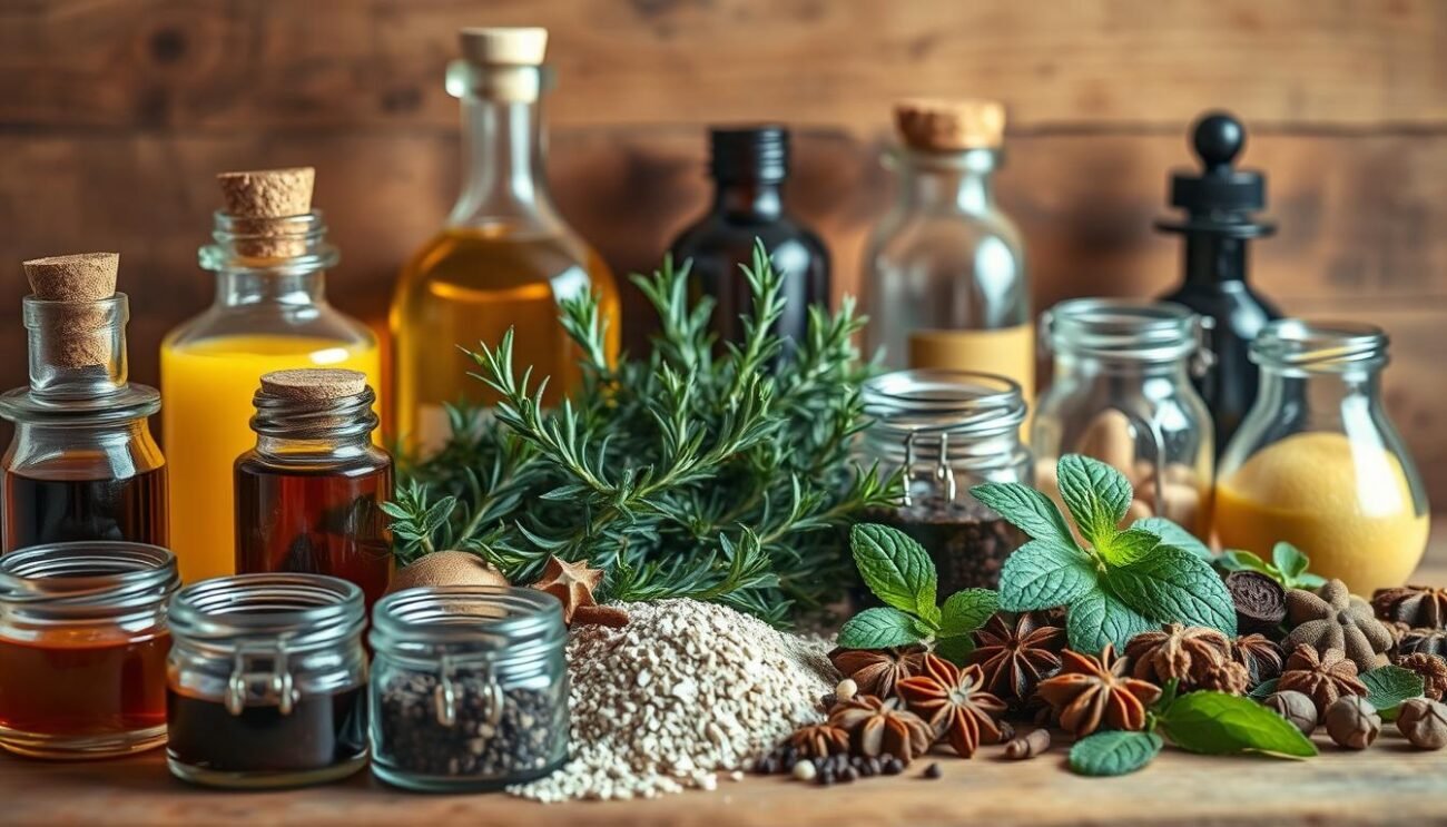 A still life arrangement of a variety of aromatic spices, herbs, and extracts commonly used in Italian pastry-making. The foreground features an assortment of glass jars and bottles filled with rich, fragrant essences like vanilla, almond, lemon, and anise. In the middle ground, a selection of fresh herbs such as rosemary, thyme, and mint are arranged artfully. The background showcases a rustic wooden surface, perhaps a kitchen counter or table, with a warm, natural lighting that enhances the vibrant colors and textures of the ingredients. The overall composition evokes the rich, fragrant world of Italian pastry and the expertise required to masterfully blend these aromatic elements. A still life arrangement of a variety of aromatic spices, herbs, and extracts commonly used in Italian pastry-making. The foreground features an assortment of glass jars and bottles filled with rich, fragrant essences like vanilla, almond, lemon, and anise. In the middle ground, a selection of fresh herbs such as rosemary, thyme, and mint are arranged artfully. The background showcases a rustic wooden surface, perhaps a kitchen counter or table, with a warm, natural lighting that enhances the vibrant colors and textures of the ingredients. The overall composition evokes the rich, fragrant world of Italian pastry and the expertise required to masterfully blend these aromatic elements.