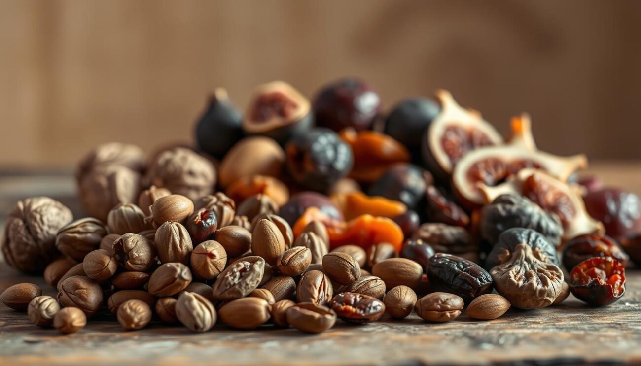 A still life arrangement of an assortment of dry fruits, capturing the essence of the "frutta secca" concept. In the foreground, a cluster of shelled walnuts, almonds, and pistachios are arranged on a rustic wooden surface, with soft shadows cast across their textured surfaces. The middle ground features a scattering of partially peeled dried figs, apricots, and dates, their rich hues and wrinkled skins adding depth and visual interest. The background is softly blurred, suggesting a neutral, earthy tone that complements the natural tones of the dried fruits. The lighting is warm and gentle, casting a cozy, inviting atmosphere that evokes the comforting flavors of traditional Italian baked goods.