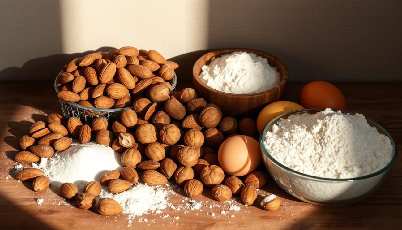 A still life arrangement of assorted ingredients for traditional Tuscan cantucci cookies, including whole roasted almonds, whole hazelnuts, raw sugar, eggs, and all-purpose flour. The scene is lit from the side, casting dramatic shadows and highlights on the arrangement. The ingredients are placed on a rustic wooden surface, with a neutral background that allows the food items to take center stage. The overall mood is warm, earthy, and inviting, reflecting the artisanal nature of handmade Italian baked goods.