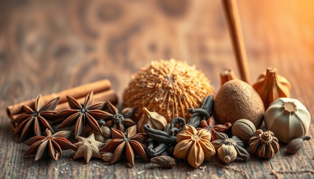 A still life arrangement of classic baking spices, including whole cinnamon sticks, star anise, cardamom pods, cloves, and nutmeg. The spices are neatly arranged on a rustic wooden surface, with a soft, warm lighting illuminating the scene. The image has a cozy, inviting atmosphere, reflecting the comforting flavors of traditional Italian baked goods. The composition is balanced and visually appealing, with the spices taking center stage against a muted background, highlighting their rich colors and textures.