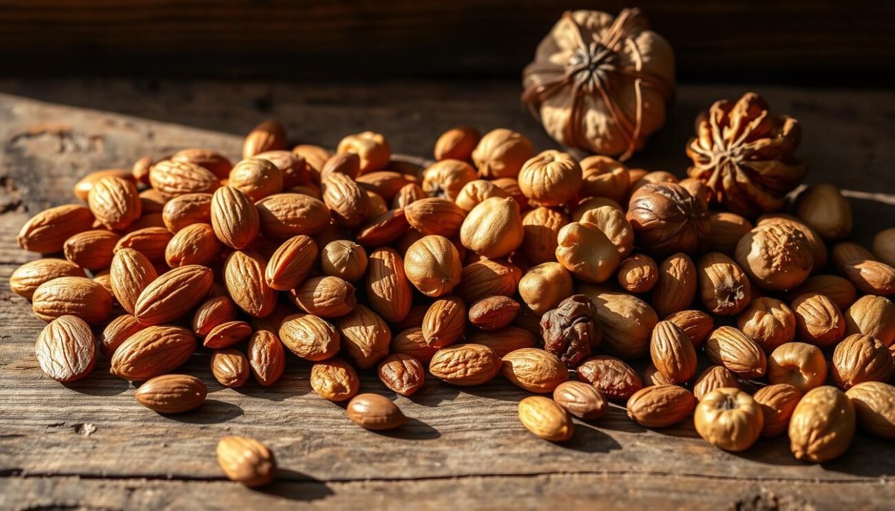 A still life arrangement of roasted, golden-brown dried fruits, including almonds, walnuts, and hazelnuts, artfully arranged on a rustic wooden surface. The lighting is warm and natural, casting gentle shadows and highlighting the rich textures and colors of the nuts. The composition is balanced, with the nuts distributed evenly across the frame, creating a visually appealing and appetizing scene. The overall mood is cozy, inviting, and evocative of traditional Italian baking and confectionery.