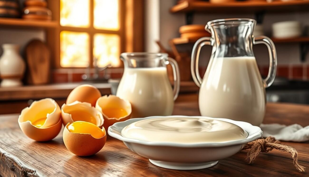 A still life composition showcasing a creamy, rich "crema pasticcera proteica" (protein-enriched custard). The foreground features the custard presented in a delicate porcelain bowl, its smooth, glistening surface reflecting the soft, natural lighting. The middle ground includes fresh eggs, some cracked open to reveal their golden yolks, and a glass pitcher filled with wholesome, organic milk - the key ingredients that provide the custard's nutritional value and health benefits. The background depicts a simple, rustic Italian kitchen setting, with wooden shelves, terracotta tiles, and a window letting in warm, golden sunshine. The overall scene evokes a sense of artisanal craftsmanship, wholesome indulgence, and the local, authentic flavors of Italy.