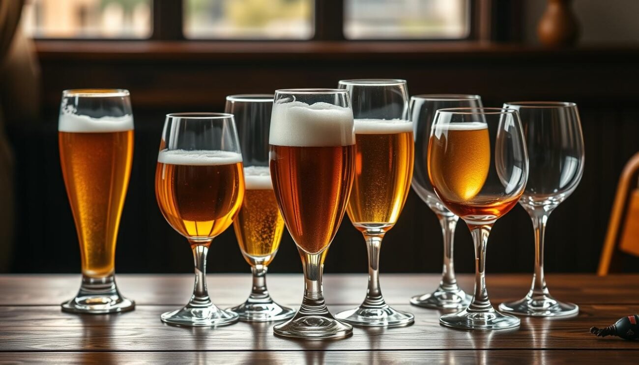 A still life composition showcasing a variety of elegant beer glasses on a wooden table. The glasses feature distinctive shapes, including tall pilsner, wide-mouthed weizen, and curved tulip styles. The lighting is soft and diffused, creating warm highlights and gentle shadows that accentuate the fine glassware. The scene evokes a cozy, inviting atmosphere, reflecting the nuances and diversity of beer glass design. The image aims to visually complement the "Caratteristiche Fondamentali dei Bicchieri per Birra" section of the article. A still life composition showcasing a variety of elegant beer glasses on a wooden table. The glasses feature distinctive shapes, including tall pilsner, wide-mouthed weizen, and curved tulip styles. The lighting is soft and diffused, creating warm highlights and gentle shadows that accentuate the fine glassware. The scene evokes a cozy, inviting atmosphere, reflecting the nuances and diversity of beer glass design. The image aims to visually complement the "Caratteristiche Fondamentali dei Bicchieri per Birra" section of the article.