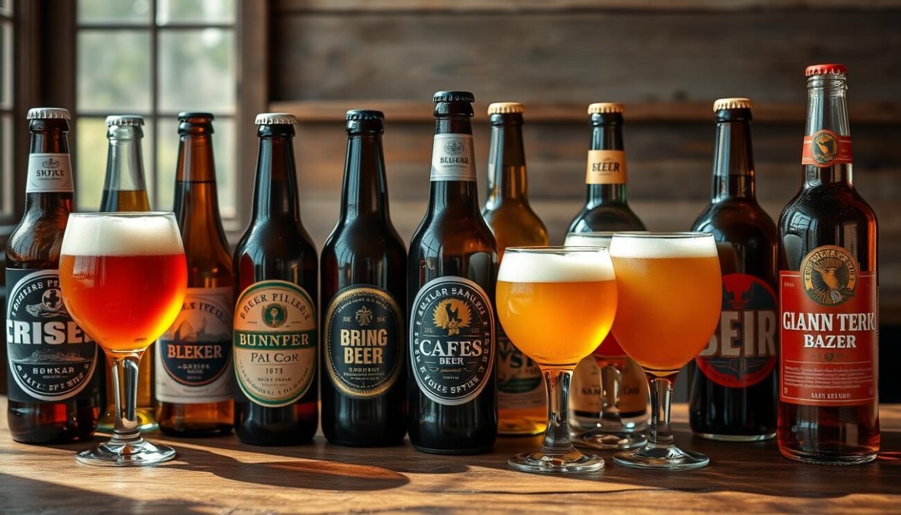 A still life of an assortment of craft beers, meticulously arranged on a rustic wooden table. The bottles and glassware are illuminated by warm, natural lighting, casting subtle shadows and highlights that enhance the textures and colors of the drinks. The beers are carefully selected to represent a variety of styles, from crisp pilsners to rich stouts, each one promising a unique and harmonious pairing with a variety of desserts. The overall composition conveys a sense of sophistication, inviting the viewer to explore the nuanced flavors and explore the perfect matches between beer and sweet treats.