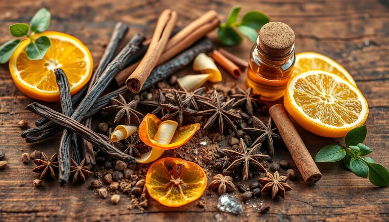 A still life of high-quality natural food flavorings, elegantly arranged on a rustic wooden surface. The scene features an assortment of spices, herbs, and extracts, such as vanilla beans, cinnamon sticks, and citrus peels, bathed in warm, natural lighting that accentuates their rich colors and textures. The composition is balanced, with the ingredients positioned in a visually appealing manner, suggesting the care and attention that goes into selecting and using these premium culinary ingredients. The overall mood is one of quality, authenticity, and the artistry of crafting delicious baked goods. A still life of high-quality natural food flavorings, elegantly arranged on a rustic wooden surface. The scene features an assortment of spices, herbs, and extracts, such as vanilla beans, cinnamon sticks, and citrus peels, bathed in warm, natural lighting that accentuates their rich colors and textures. The composition is balanced, with the ingredients positioned in a visually appealing manner, suggesting the care and attention that goes into selecting and using these premium culinary ingredients. The overall mood is one of quality, authenticity, and the artistry of crafting delicious baked goods.