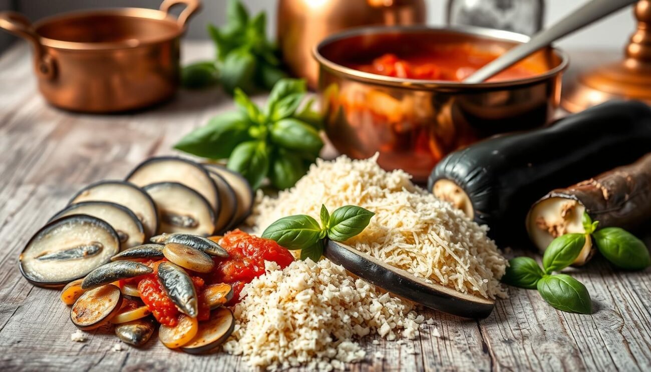 A still life scene showcasing the key ingredients for a classic Parmigiana di Alici, a typical coastal dish from the Campania region of Italy. In the foreground, arrange sliced anchovy fillets, thin eggplant rounds, and grated Parmigiano-Reggiano cheese. In the middle ground, place a copper saucepan filled with a rich, fragrant tomato sauce, along with a handful of fresh basil leaves. In the background, depict a weathered wooden table or rustic countertop, with a copper pot and utensils in the distance, conveying a sense of traditional Italian cuisine. Soft, natural lighting illuminates the scene, highlighting the vibrant colors and textures of the ingredients. The overall mood is one of simplicity, authenticity, and the celebration of regional culinary traditions.