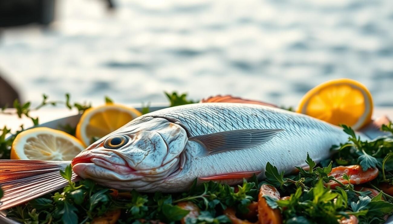 A stunning Mediterranean sea bass, known as "Spigola," rests gracefully amidst a bed of fresh herbs and lemon slices. The fish's silvery scales glisten under the warm, soft lighting, capturing the essence of the Lazio coastal region. In the background, a blurred seascape evokes the tranquil waters of the Tyrrhenian Sea. The composition exudes a sense of freshness, authenticity, and the rich culinary traditions of the Roman coastal cuisine.