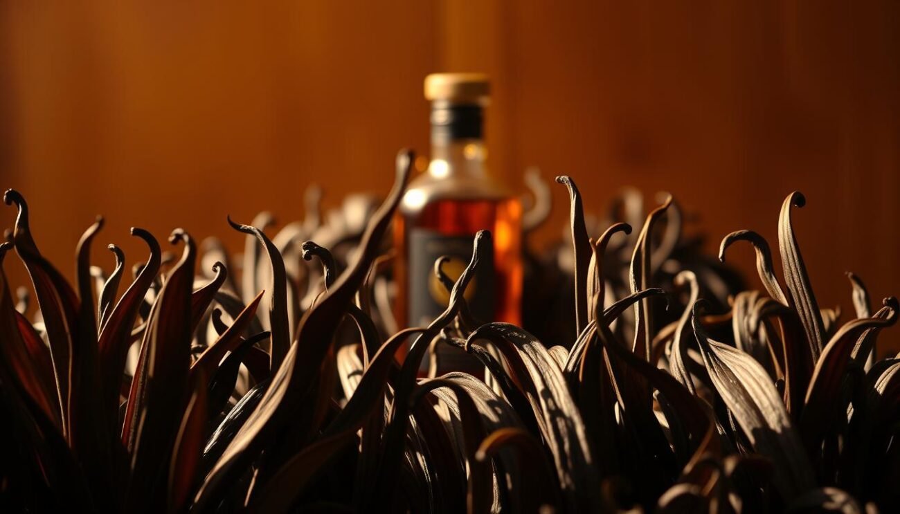 A stunning arrangement of the finest vanilla varieties, meticulously showcased against a backdrop of warm, golden light. In the foreground, the lush, velvety vanilla bean pods stand tall, their rich brown hues accentuated by a subtle chiaroscuro effect. The middle ground features a cascading display of vanilla extract, its deep amber tones glistening under the carefully crafted illumination. In the distance, a soft, diffused glow highlights the delicate vanilla aroma, creating an inviting and sophisticated atmosphere. This image captures the essence of the most prized vanilla cultivars, exuding a sense of artisanal elegance and culinary expertise.