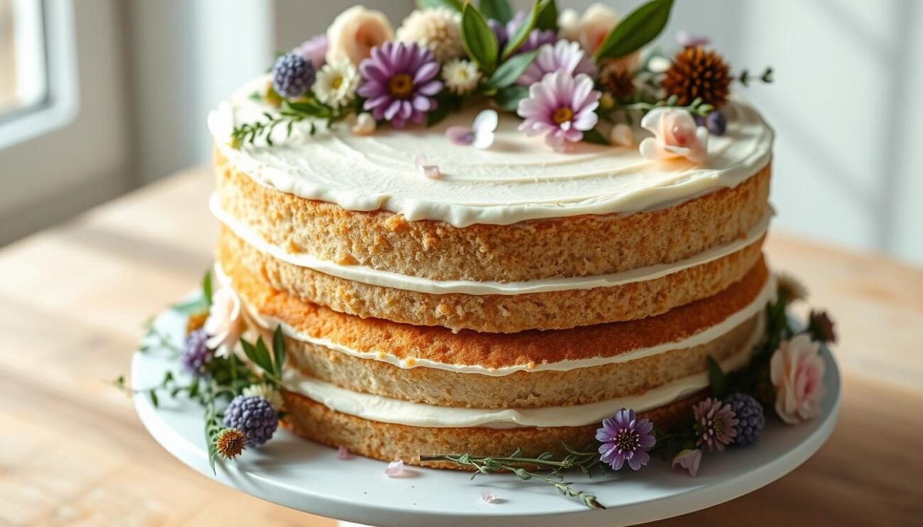 A stunning birthday cake decorated with natural elements, showcasing a soft and fluffy sponge cake layered with a creamy, delicate frosting. The cake is adorned with a variety of fresh flowers, greenery, and organic textures, creating a serene and elegant presentation. Soft, natural lighting illuminates the scene, highlighting the cake's intricate details and the harmonious composition. The overall mood is one of simplicity, beauty, and a celebration of nature's bounty, perfectly suited for a special birthday occasion.