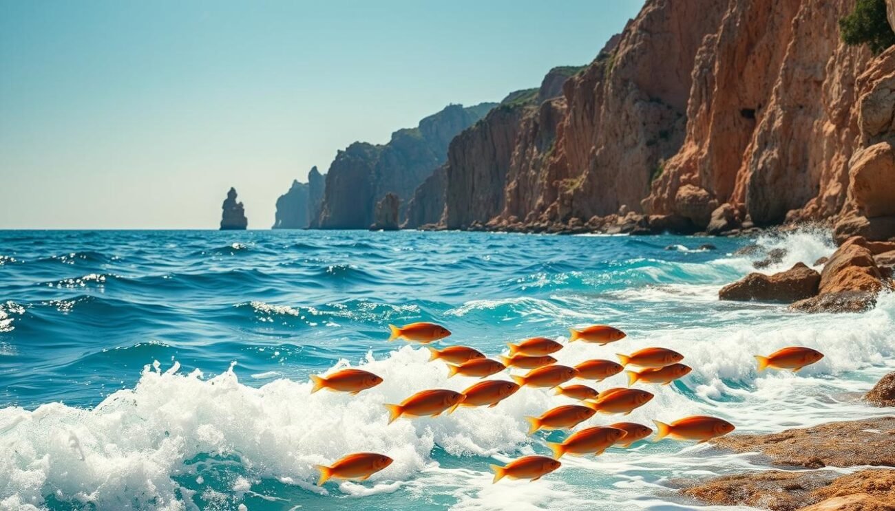 A stunning seascape of the Sicilian mare, captured in a timeless moment. Crystalline waves crash against the rocky shoreline, their white foam glistening in the warm Mediterranean sun. Majestic cliffs rise in the distance, their ochre hues contrasting with the deep azure of the sky. In the foreground, a school of vibrant fish dart through the shimmering waters, a testament to the marine wealth of this ancient sea. The scene is imbued with a sense of timeless tradition, a visual representation of the rich culinary heritage that has been passed down for generations along the Sicilian coast. A stunning seascape of the Sicilian mare, captured in a timeless moment. Crystalline waves crash against the rocky shoreline, their white foam glistening in the warm Mediterranean sun. Majestic cliffs rise in the distance, their ochre hues contrasting with the deep azure of the sky. In the foreground, a school of vibrant fish dart through the shimmering waters, a testament to the marine wealth of this ancient sea. The scene is imbued with a sense of timeless tradition, a visual representation of the rich culinary heritage that has been passed down for generations along the Sicilian coast.