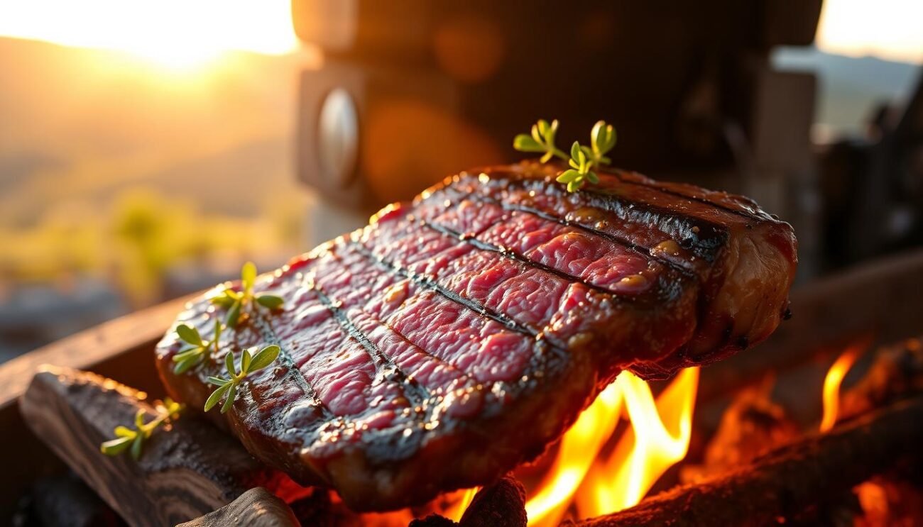 A succulent Scottona Romagnola IGP steak, carefully grilled over a wood fire, its juices glistening under the warm glow of the setting sun. The tender, marbled meat is complemented by a garnish of fresh herbs and a drizzle of fragrant olive oil, inviting the viewer to savor the rich, earthy flavors of this renowned Piemontese specialty. The scene is set against a backdrop of rolling Romagnola hills, capturing the rustic charm and culinary heritage of this celebrated Italian region. A succulent Scottona Romagnola IGP steak, carefully grilled over a wood fire, its juices glistening under the warm glow of the setting sun. The tender, marbled meat is complemented by a garnish of fresh herbs and a drizzle of fragrant olive oil, inviting the viewer to savor the rich, earthy flavors of this renowned Piemontese specialty. The scene is set against a backdrop of rolling Romagnola hills, capturing the rustic charm and culinary heritage of this celebrated Italian region.