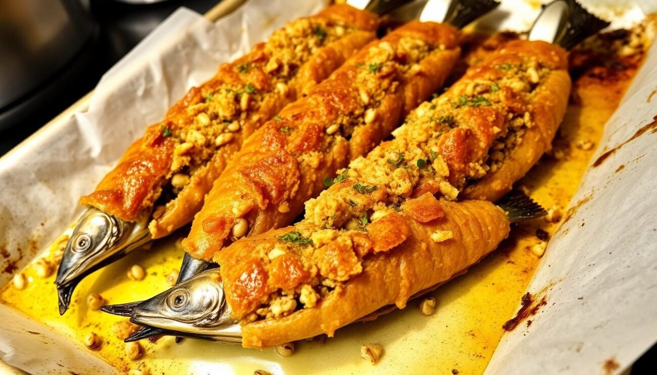 A succulent baked dish of Sarde a Beccafico, freshly prepared in a Sicilian kitchen. A golden-brown crust encases the tender, aromatic sardines, stuffed with a savory blend of breadcrumbs, pine nuts, and fragrant herbs. The sardines are arranged artfully on a rustic baking tray, their glistening scales reflecting the warm, ambient light. The rich, Mediterranean flavors are palpable, inviting the viewer to imagine the satisfying crunch and mouthwatering taste of this authentic Trapani delicacy. A succulent baked dish of Sarde a Beccafico, freshly prepared in a Sicilian kitchen. A golden-brown crust encases the tender, aromatic sardines, stuffed with a savory blend of breadcrumbs, pine nuts, and fragrant herbs. The sardines are arranged artfully on a rustic baking tray, their glistening scales reflecting the warm, ambient light. The rich, Mediterranean flavors are palpable, inviting the viewer to imagine the satisfying crunch and mouthwatering taste of this authentic Trapani delicacy.