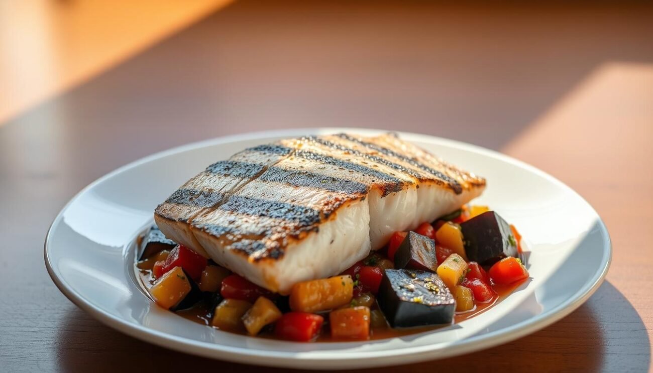 A succulent swordfish fillet, seared to perfection, rests elegantly on a bed of vibrant Sicilian-style eggplant caponata. The fish glistens under a soft, warm light, casting a gentle shadow across the plate. The caponata's rich, tangy flavors complement the swordfish's delicate, meaty texture, creating a harmonious balance. The presentation is simple yet refined, allowing the high-quality ingredients to shine. This visually appealing dish invites the viewer to savor the authentic flavors of Sicily, evoking a sense of Mediterranean cuisine and culture.