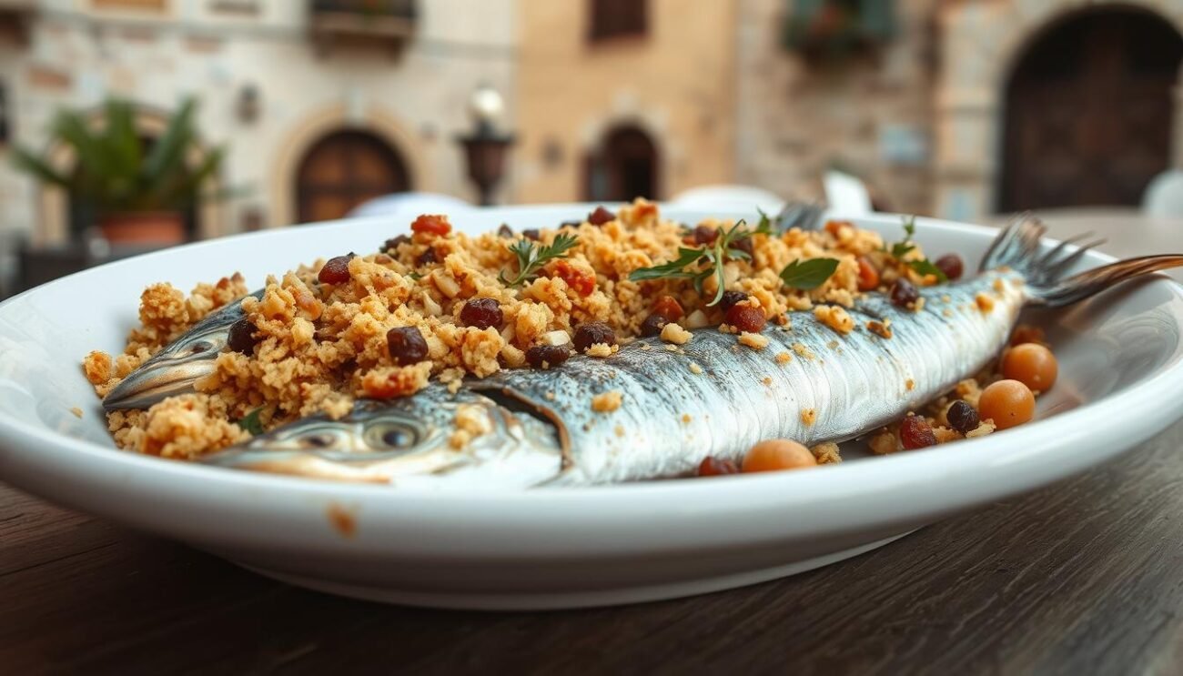 A sumptuous Sicilian specialty, "Sarde a Beccafico" features fresh sardines elegantly stuffed with a fragrant blend of breadcrumbs, pine nuts, raisins, and aromatic herbs. Set against a backdrop of rustic Mediterranean architecture, the image captures the essence of this iconic Trapani delicacy, showcasing the dish's delicate golden-brown hue and the intricate details of its preparation. Soft, diffused lighting casts a warm, inviting glow, while a slightly low camera angle emphasizes the dish's artful presentation. The overall mood evokes the rich culinary heritage and the pastoral charm of Sicily's coastal region. A sumptuous Sicilian specialty, "Sarde a Beccafico" features fresh sardines elegantly stuffed with a fragrant blend of breadcrumbs, pine nuts, raisins, and aromatic herbs. Set against a backdrop of rustic Mediterranean architecture, the image captures the essence of this iconic Trapani delicacy, showcasing the dish's delicate golden-brown hue and the intricate details of its preparation. Soft, diffused lighting casts a warm, inviting glow, while a slightly low camera angle emphasizes the dish's artful presentation. The overall mood evokes the rich culinary heritage and the pastoral charm of Sicily's coastal region.