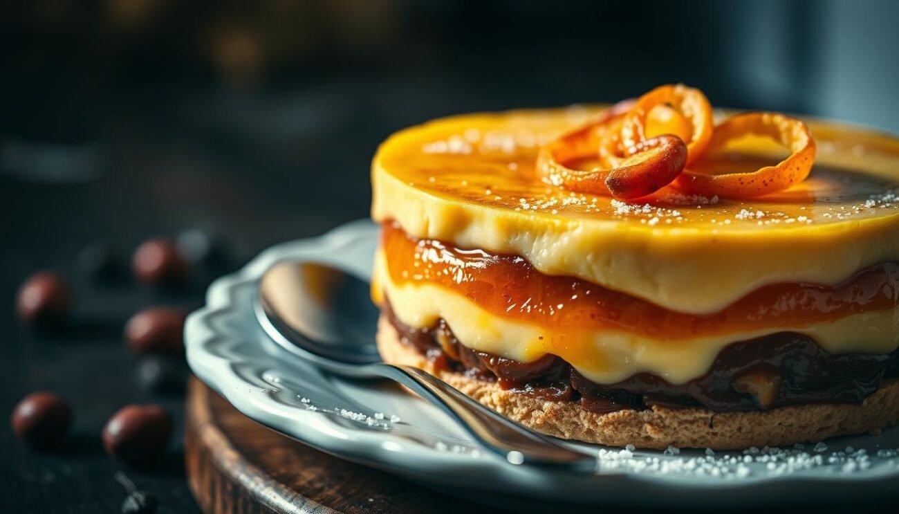 A sumptuous and authentically Italian zuppa inglese, a classic Italian dessert with a distinctive flavor profile. A layered composition featuring a rich, custard-like base, punctuated by the vibrant hues of candied citrus peel and the deep chestnut tones of soaked ladyfingers. The lighting is soft and warm, casting a subtle glow over the dish, evoking the comforting ambiance of a traditional Italian pasticceria. The camera angle is slightly elevated, allowing the viewer to appreciate the intricate details and textures of this timeless Italian confection. The overall mood is one of nostalgia and refined elegance, perfectly suited to illustrate the resilience and evolution of Italian pastry during the tumultuous times of the early 20th century.