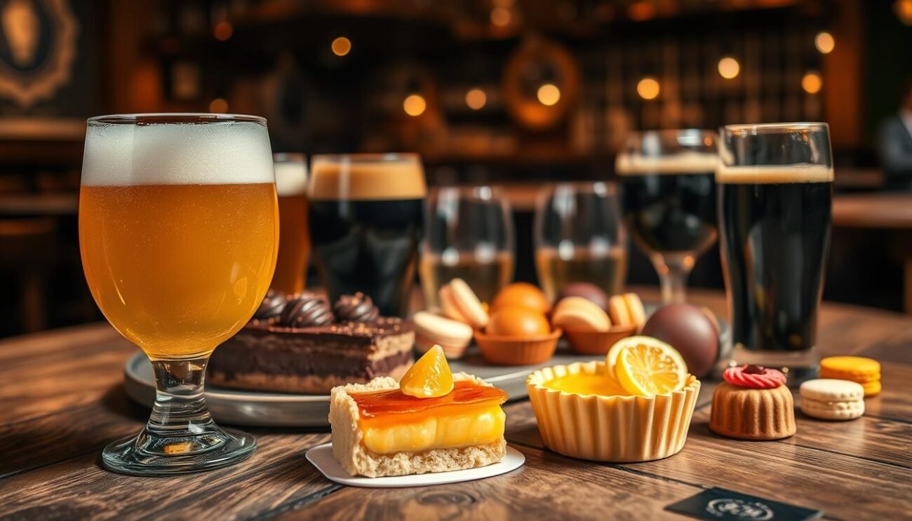 A sumptuous array of gourmet beer and dessert pairings, artfully arranged on a rustic wooden table. In the foreground, a frothy glass of golden ale alongside a delicate lemon tart, its vibrant citrus notes complementing the beer's crisp bitterness. Beside it, a rich chocolate torte, its dark cocoa essence in perfect harmony with the roasted, malty flavors of a robust stout. In the middle ground, an assortment of petit fours - macarons, truffles, and other petite confections - each one a delectable contrast to the various beer styles. The background features a dimly lit, cozy ambiance, with subtle lighting casting a warm glow over the scene, evoking the inviting atmosphere of a high-end patisserie or beer hall.