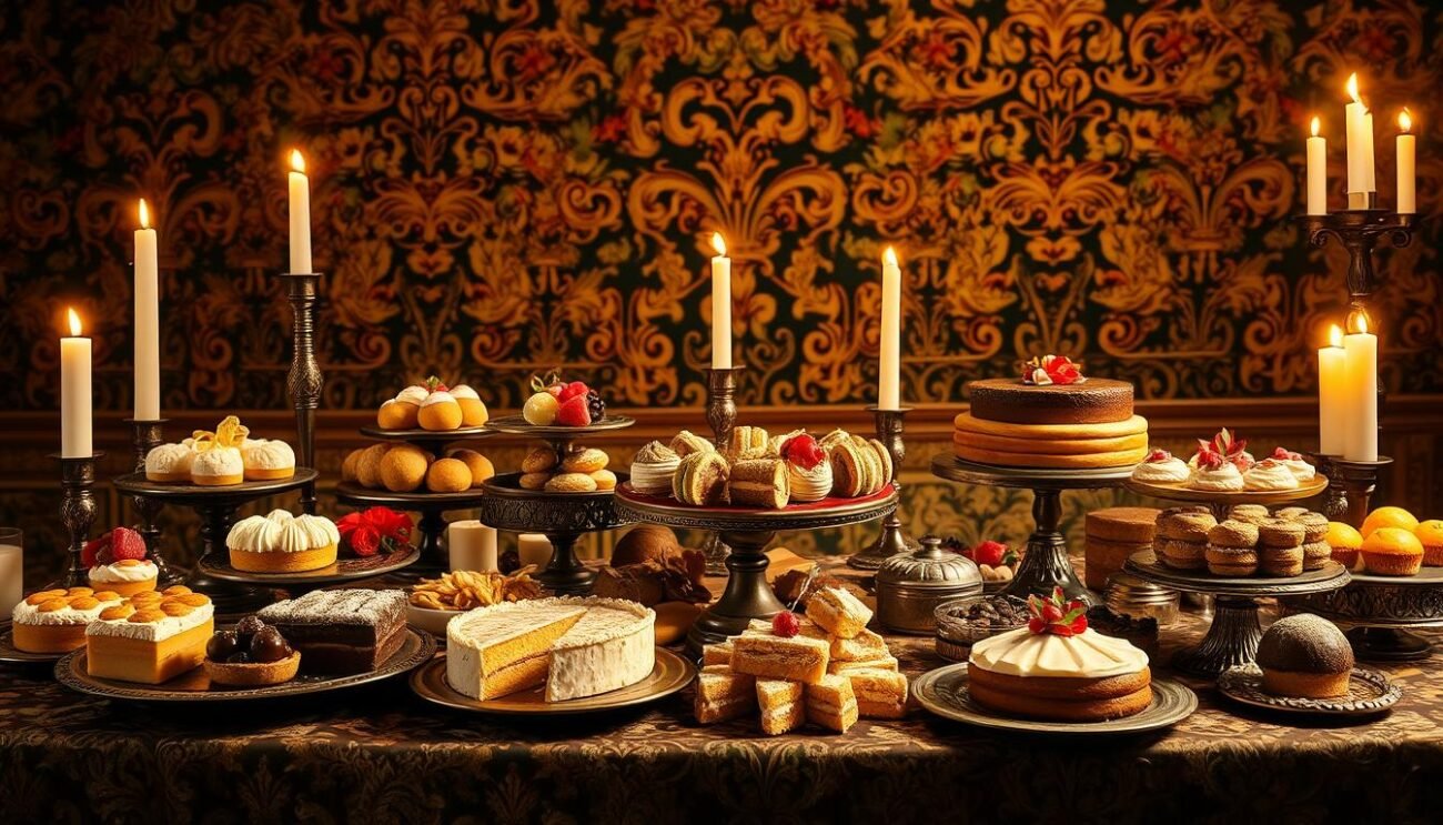 A sumptuous banquet of Renaissance delicacies, artfully arranged on an ornate table, bathed in the warm glow of candlelight. Delicate pastries, decadent cakes, and delectable confections adorn the scene, showcasing the culinary artistry of the era. In the background, a tapestry of intricate patterns and rich colors, evoking the opulent atmosphere of a Renaissance court. The overall composition exudes a sense of indulgence, refinement, and the celebration of the senses that defined the Renaissance era of Italian pastry-making. A sumptuous banquet of Renaissance delicacies, artfully arranged on an ornate table, bathed in the warm glow of candlelight. Delicate pastries, decadent cakes, and delectable confections adorn the scene, showcasing the culinary artistry of the era. In the background, a tapestry of intricate patterns and rich colors, evoking the opulent atmosphere of a Renaissance court. The overall composition exudes a sense of indulgence, refinement, and the celebration of the senses that defined the Renaissance era of Italian pastry-making.