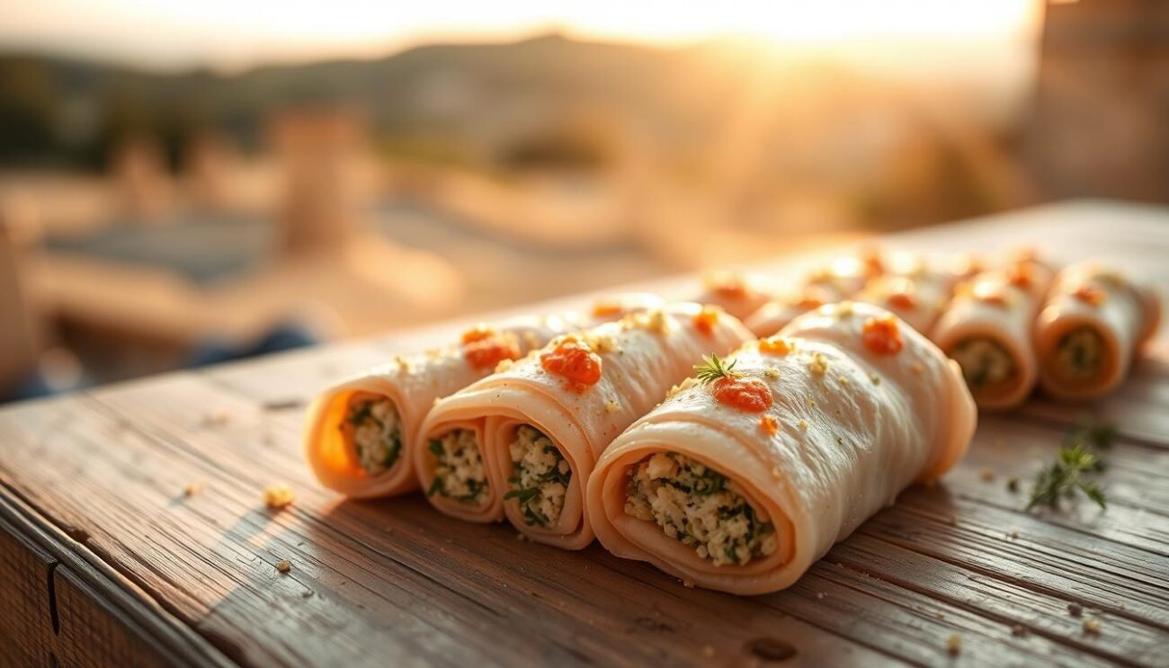 A sumptuous display of Sicilian culinary artistry, "involtini di pesce spada" showcases swordfish fillets skillfully rolled and stuffed with a flavorful medley of breadcrumbs, parsley, garlic, and lemon zest. Bathed in the warm glow of a Sicilian sunset, the delicate rolls are arranged artfully on a rustic wooden table, their golden-brown exteriors glistening invitingly. The foreground features the involtini in crisp focus, while the background subtly fades into a hazy, sun-dappled countryside, evoking the traditional charm of Sicily's coastal regions. A sense of authentic Mediterranean elegance permeates the scene, perfectly capturing the essence of this beloved Sicilian delicacy.